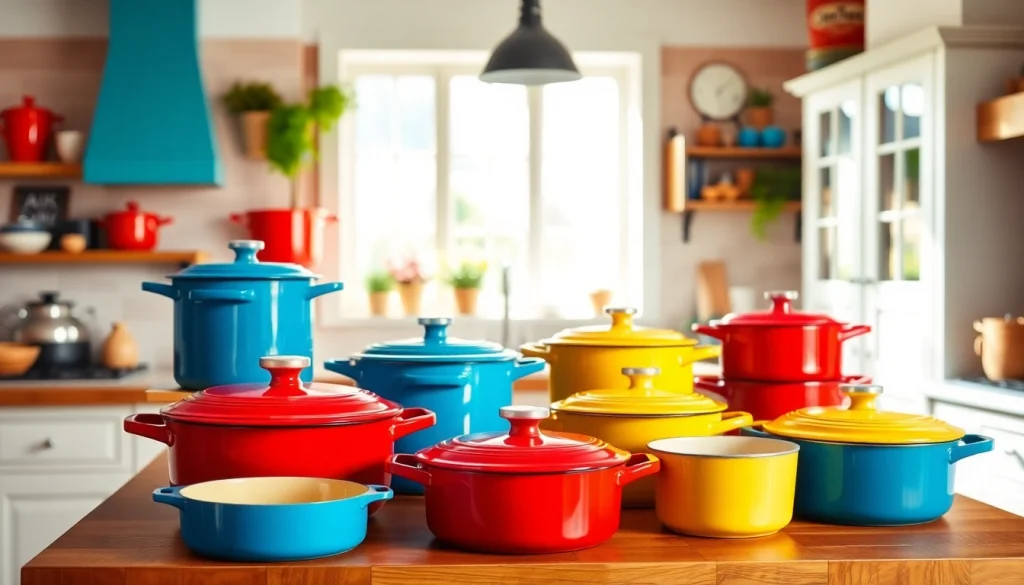 Shop for Le Creuset in NZ with a colorful kitchen setup featuring premium cookware.