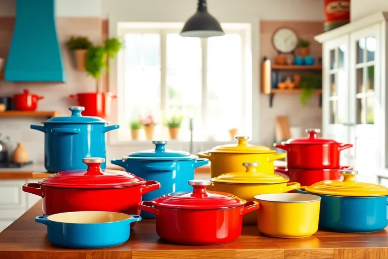 Shop for Le Creuset in NZ with a colorful kitchen setup featuring premium cookware.