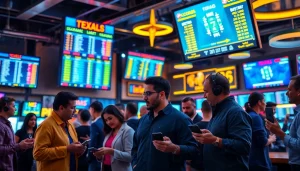 Engaged bettors using sportsbooks in Texas in a vibrant setting showcasing excitement and technology.