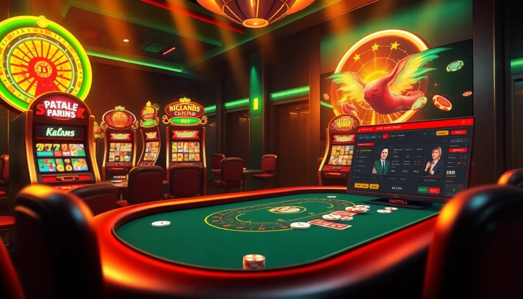 Khela88 bet gaming scene with poker tables, slot machines, and betting interface.