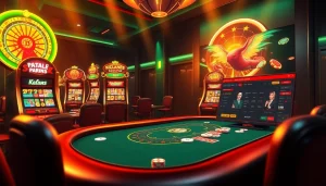 Khela88 bet gaming scene with poker tables, slot machines, and betting interface.