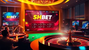 Players enjoying SHBET's exciting casino atmosphere with colorful gaming tables and engaging visuals.