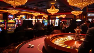 Okwin casino scene with high-stakes poker table and colorful slots, embodying excitement.