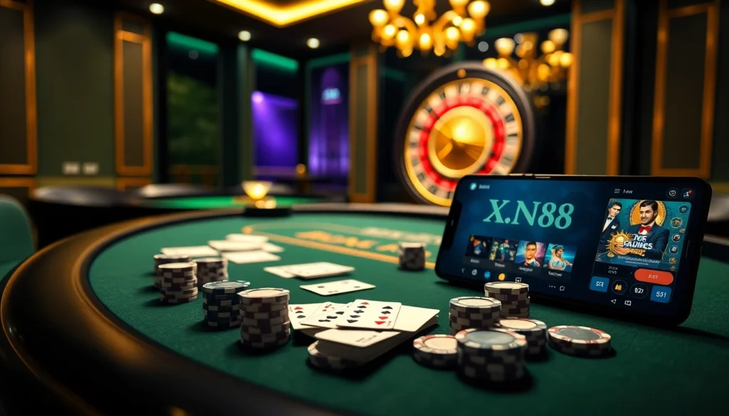 Experience thrilling gameplay at XN88 with an elegant casino setting featuring poker and roulette.