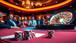 Experience the excitement of trang chủ 789win at a luxurious casino table filled with poker chips and a roulette wheel.