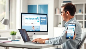 HelloWorld下载 software interface displayed on desktop and mobile, showcasing seamless connectivity.