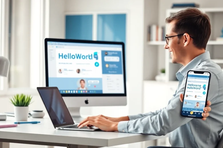 HelloWorld下载 software interface displayed on desktop and mobile, showcasing seamless connectivity.