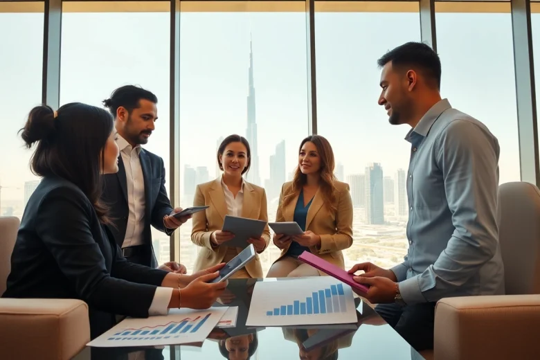 Dynamic collaboration among Business Consultants in Dubai in a modern office setting.