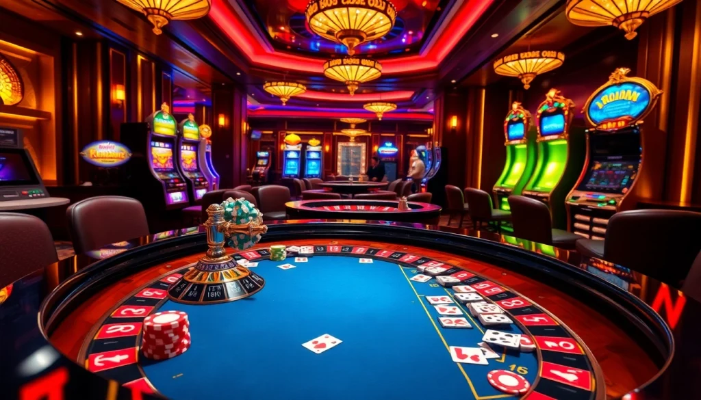Players enjoying a vibrant roulette experience at rr88com casino, surrounded by colorful chips and slots.
