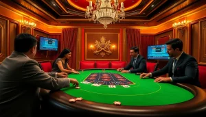 KJC poker table with players enjoying a high-stakes game in a luxurious casino setting.