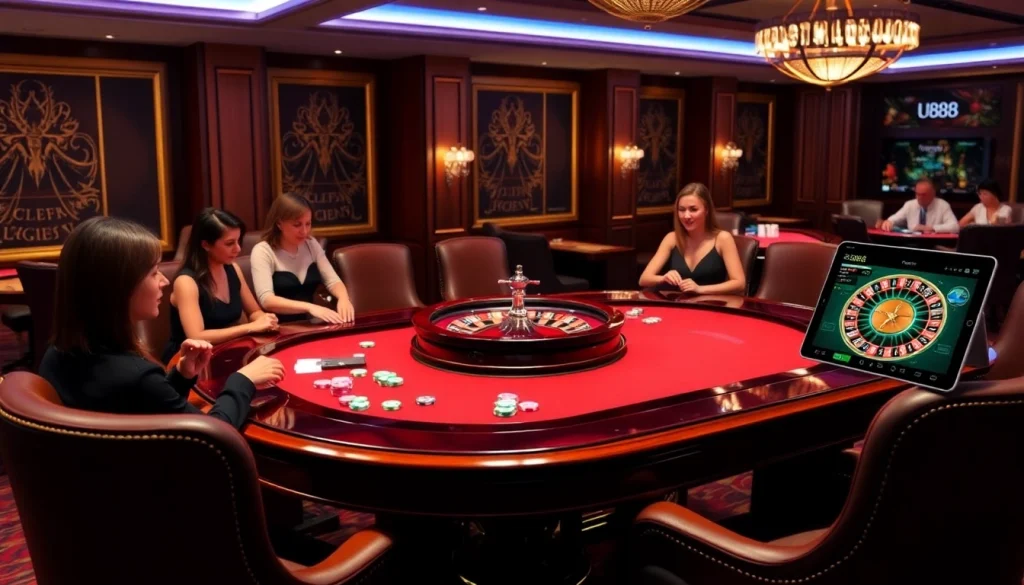 uu88 casino scene featuring players at a roulette table with vibrant chips and cards.