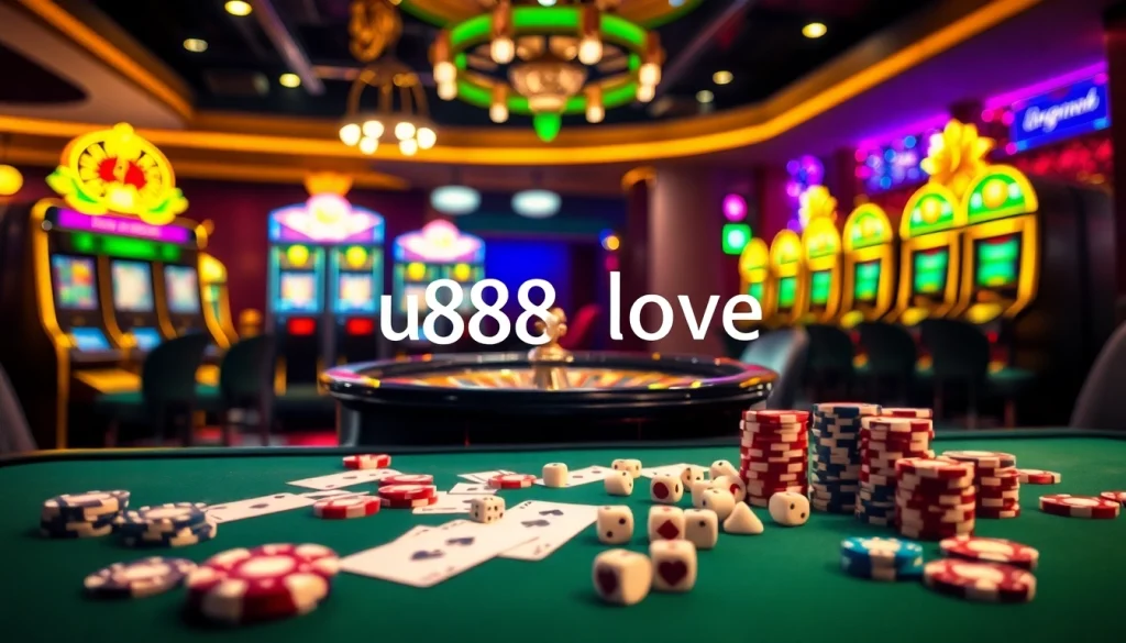 Experience u888 love at a luxurious casino table filled with vibrant poker chips and slot machines.