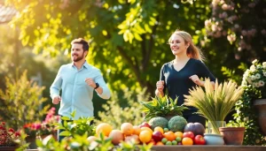 Couple engaging in an active lifestyle to enhance their healthspan in a vibrant garden.