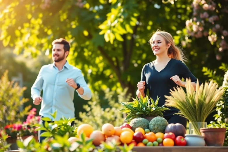 Couple engaging in an active lifestyle to enhance their healthspan in a vibrant garden.