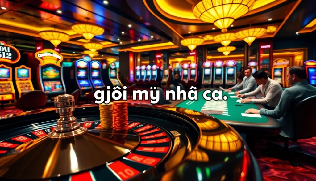 Exciting casino scene illustrating giải mã nhà cái with colorful roulette wheel and engaged players.