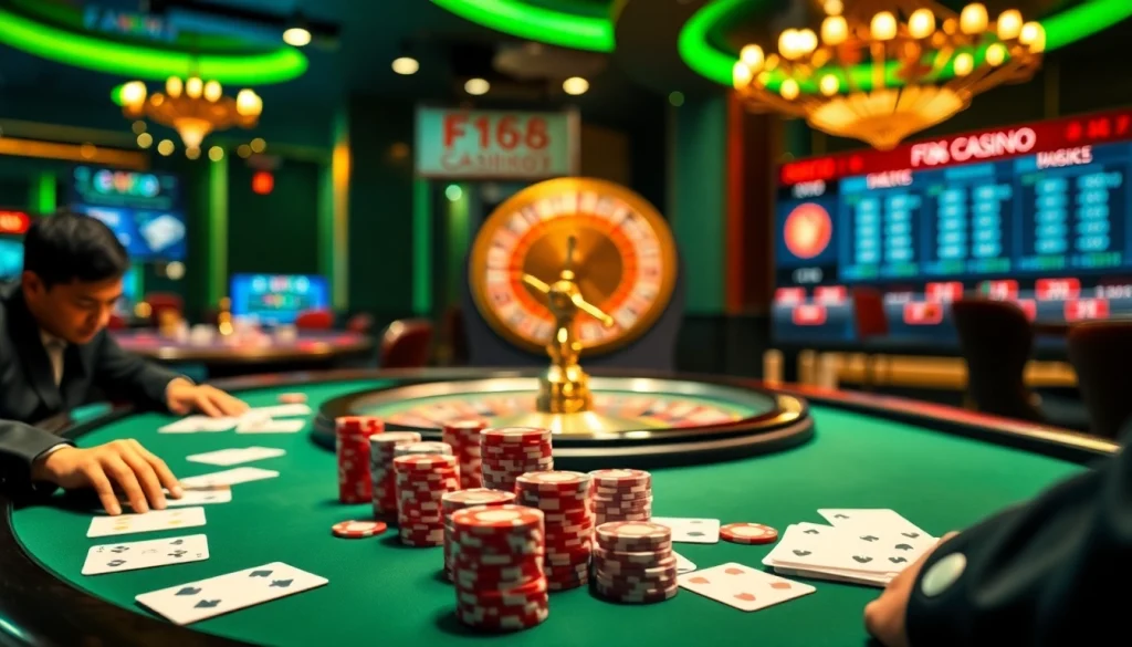 Experience thrilling F168 gameplay with vibrant casino visuals featuring poker and roulette.