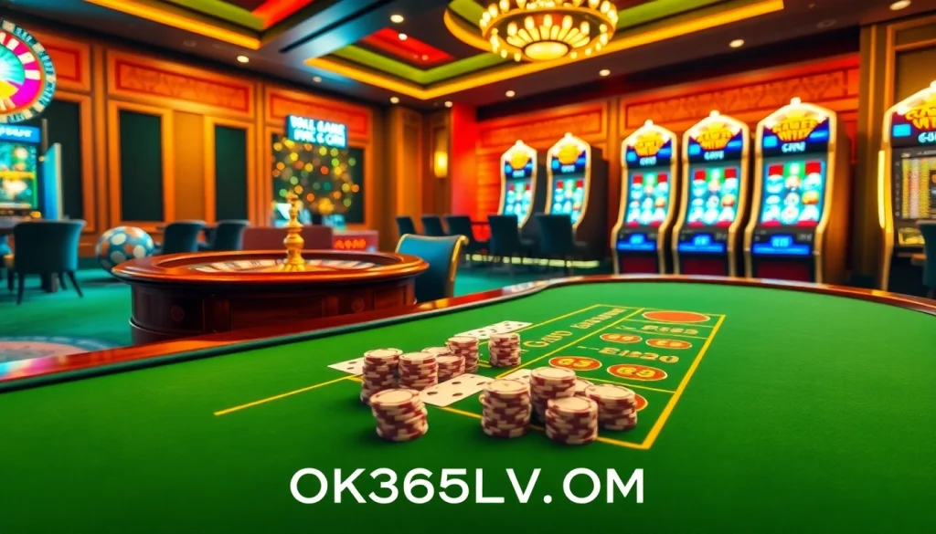 Engaging online gambling scene at OK365LV.COM featuring poker, roulette, and slot machines.