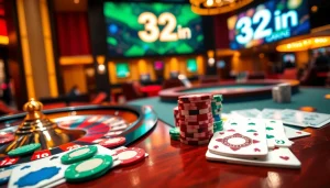 Exciting casino scene showcasing 32ưin poker chips and roulette wheel