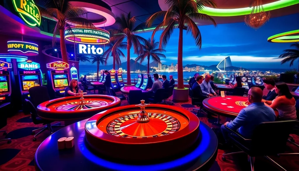 Experience the thrill of a luxurious casino in Rio with vibrant gaming tables and neon lights.