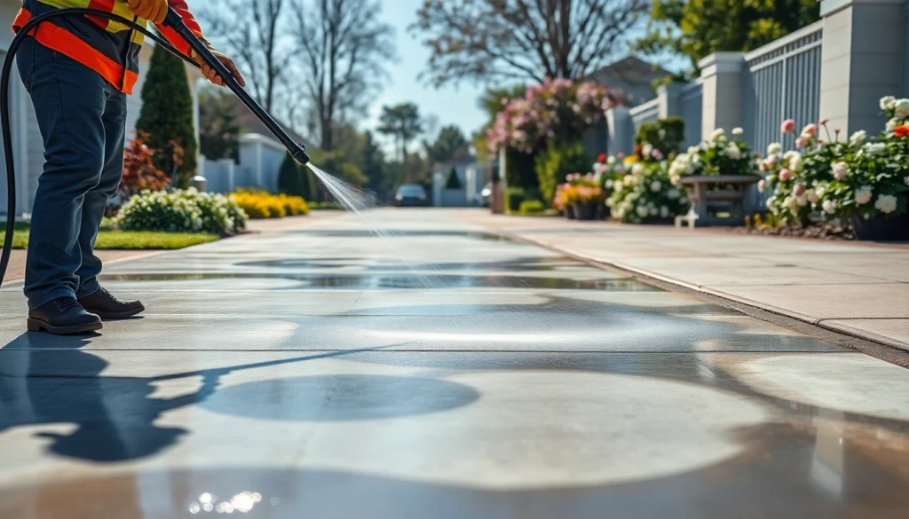 Concrete cleaning service revitalizing a driveway with high-pressure washing equipment.