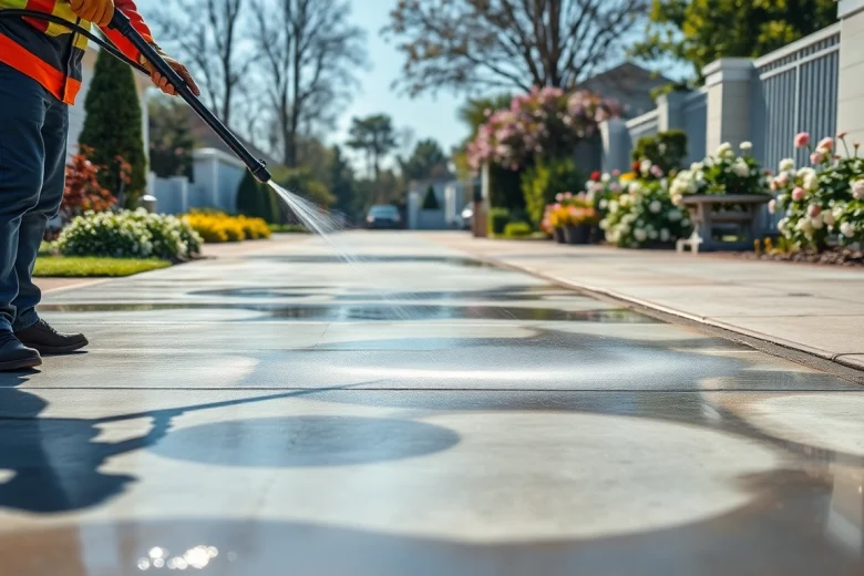 Concrete cleaning service revitalizing a driveway with high-pressure washing equipment.