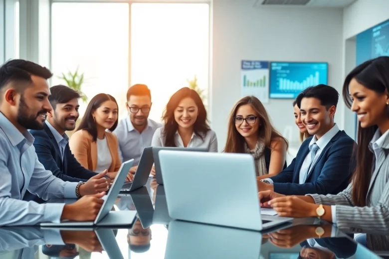 Collaborative professionals using WPS办公 software in a modern office setting.