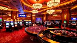 Exciting gameplay with NEW88 casino elements like poker, slots, and roulette in a luxurious setting.