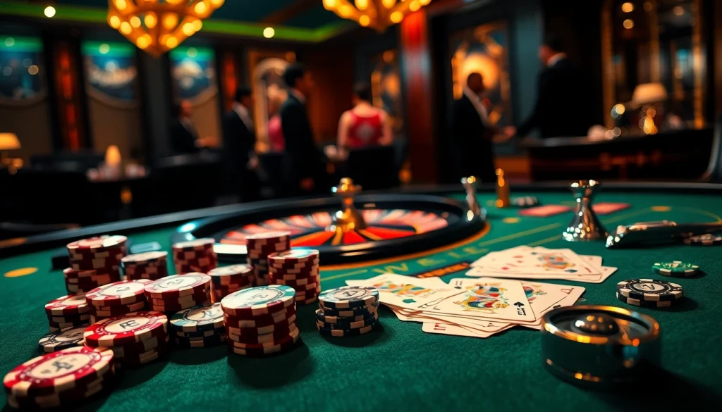 AF88 poker table scene showcasing vibrant chips and cards in an elegant casino setting.