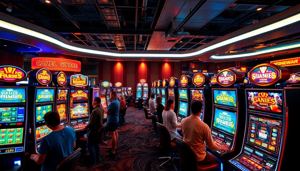 Bermain slot depo pulsa dengan keseruan di lingkungan kasino modern, penuh warna dan interaksi.