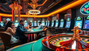 AF88 casino scene showcasing players engaged in thrilling betting at stylish tables with chips and cards.