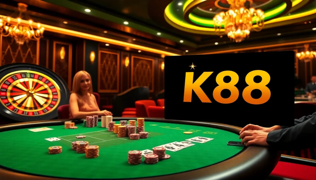 K88 online casino scene with poker table, chips, and roulette wheel in a luxurious setting.