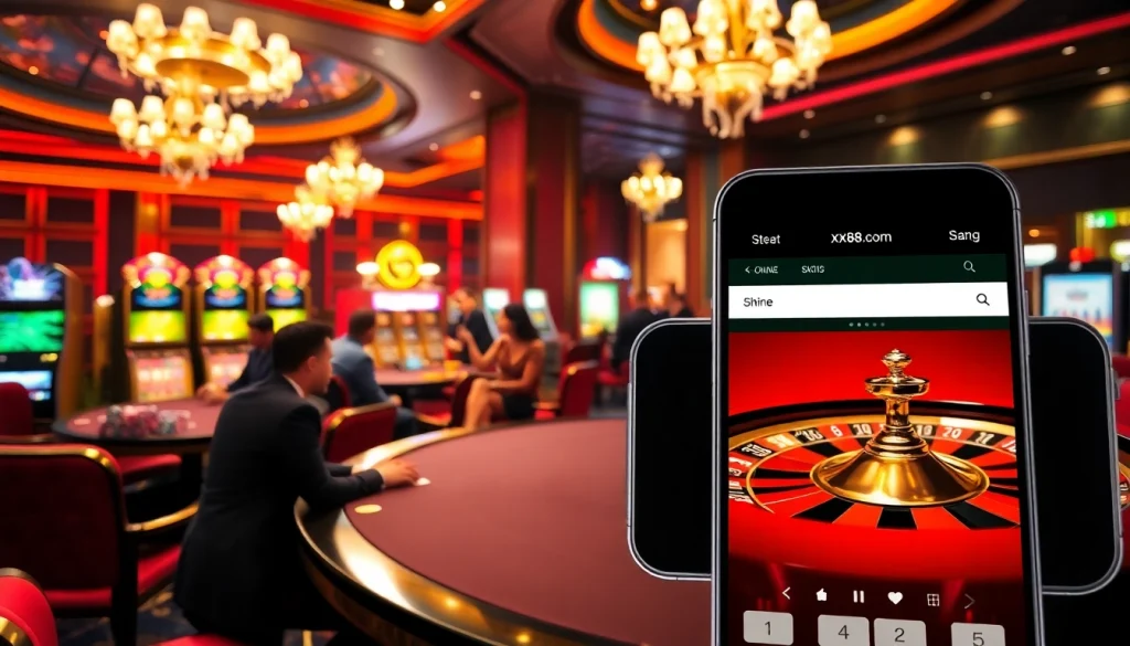 Players enjoying a thrilling game at a luxurious casino while accessing xx88.com on a smartphone.