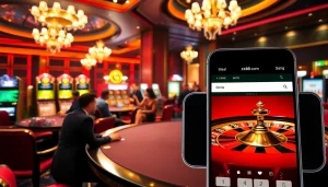 Players enjoying a thrilling game at a luxurious casino while accessing xx88.com on a smartphone.