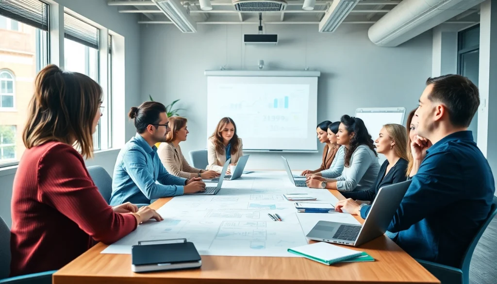 Engaging executive assistant training environment with professionals collaborating around a table.
