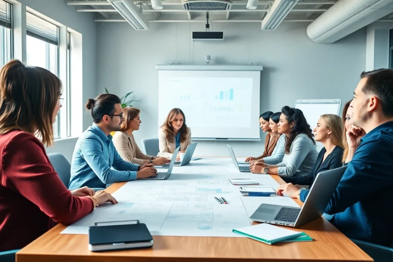 Engaging executive assistant training environment with professionals collaborating around a table.