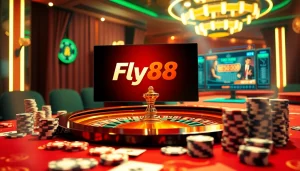 Experience the excitement of Nhà cái Fly88 with vibrant casino gameplay showcasing roulette, poker, and digital betting.