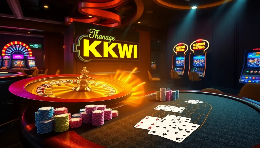 Engaging scene of online gambling at https://kkwin.diy/ with roulette wheel, poker chips, and dynamic slot machines.