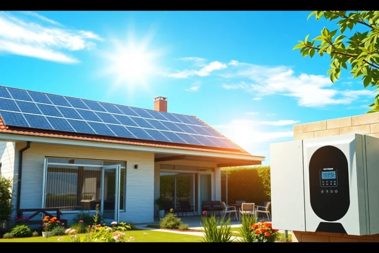 5kw hybrid solar system with rooftop solar panels, hybrid inverter, and a sustainable home garden.