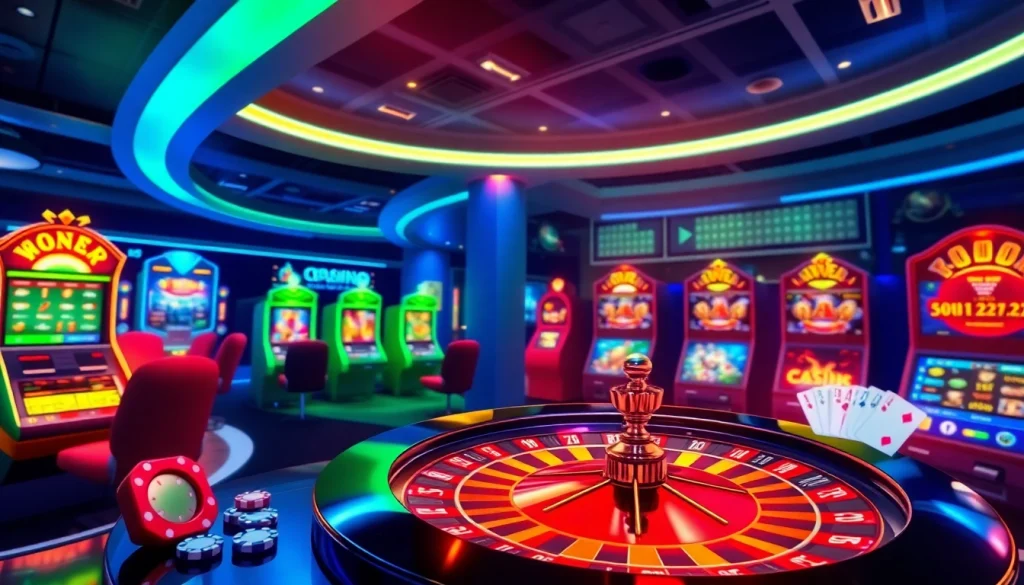 Engaging online casino in Oklahoma showcasing vibrant roulette wheel and digital slot machines.