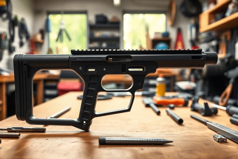 Build your own polymer80 pf940v2 frame kit on a workbench with tools.