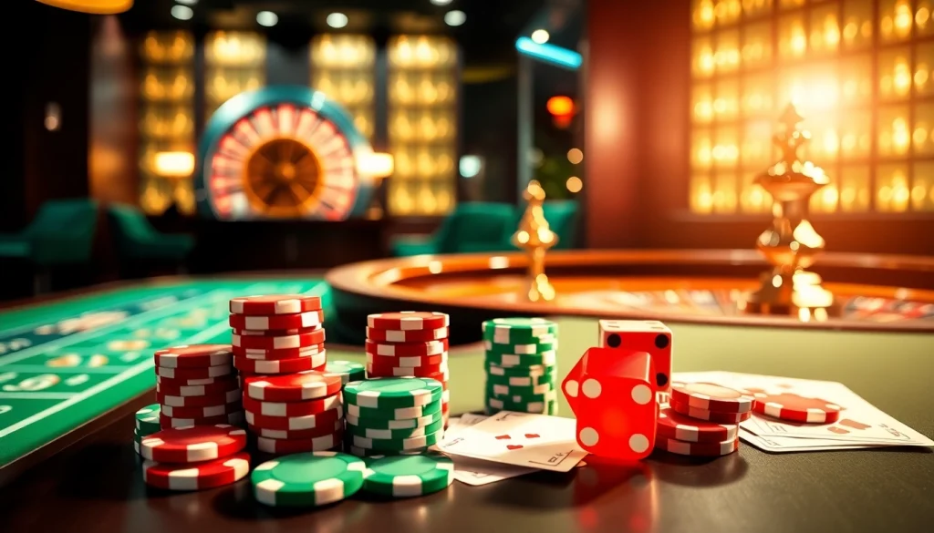 sunwin casino table with poker chips, cards, and a roulette wheel in a luxurious setting