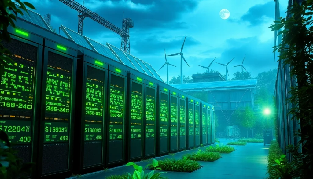 Modern crypto cloud mining facility powered by renewable energy sources with eco-friendly features.