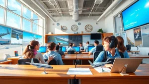 FLY88 flight school classroom with students learning aviation skills and using simulators