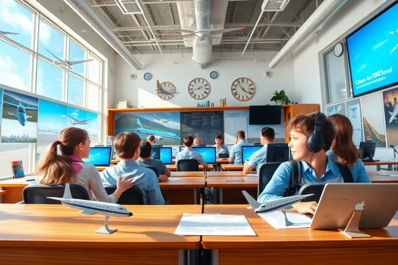 FLY88 flight school classroom with students learning aviation skills and using simulators