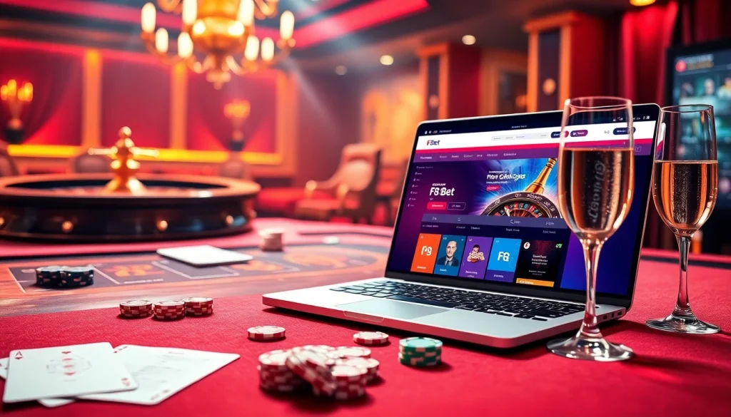 Experience f8bet trang chủ through an upscale, vibrant casino scene filled with gambling excitement.