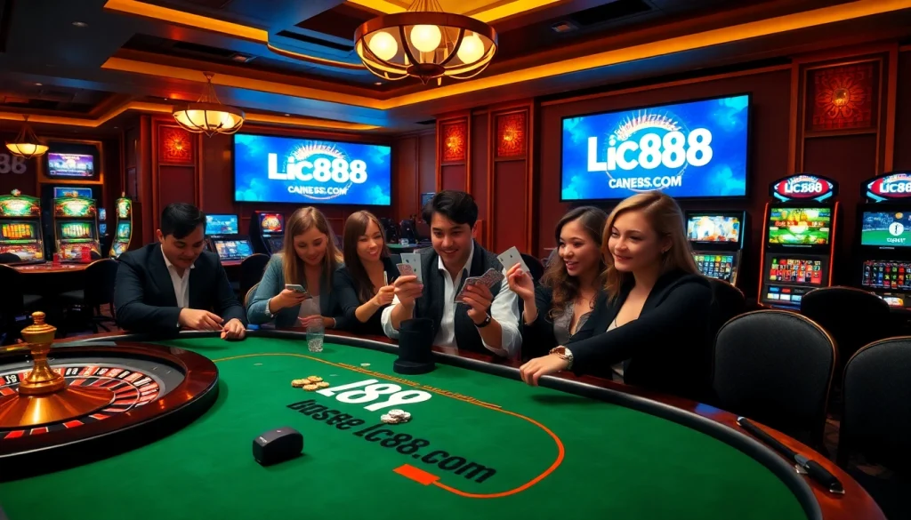 Exciting casino action at lc88.com with players engaged in poker and roulette.