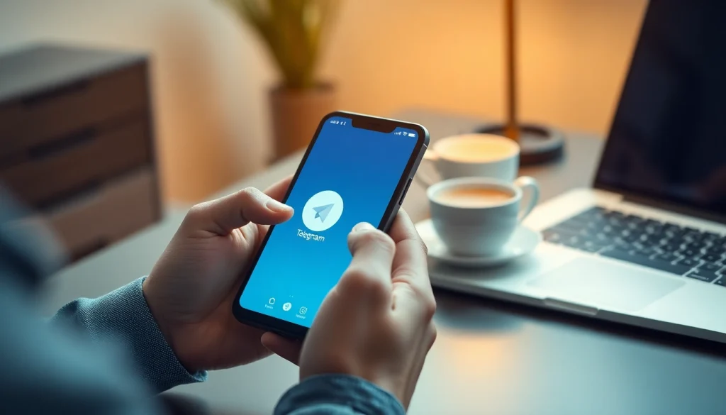 Engaging scene of a professional using the Telegram app for电报下载 in a modern workspace.