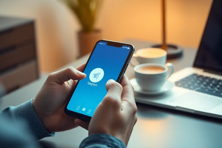 Engaging scene of a professional using the Telegram app for电报下载 in a modern workspace.