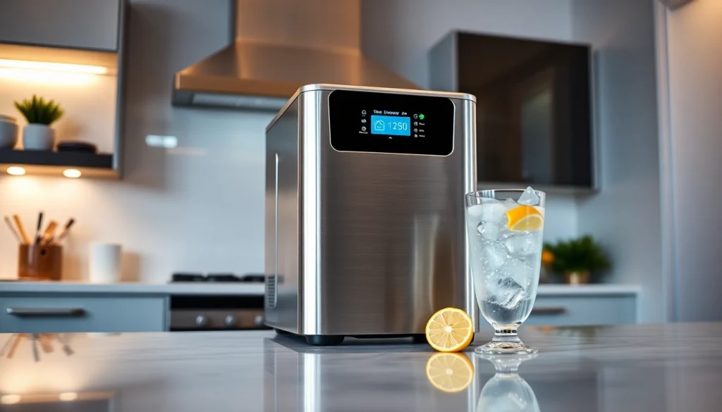 Sleek ice maker showcasing modern design and ice cubes in a stylish kitchen setting.
