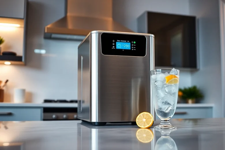 Sleek ice maker showcasing modern design and ice cubes in a stylish kitchen setting.